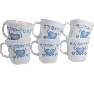 Corning Ware Sponge Blue Heart Coffee or Tea Cups Vintage Set Of 6 made in USA